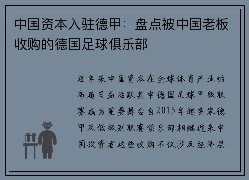 中国资本入驻德甲：盘点被中国老板收购的德国足球俱乐部